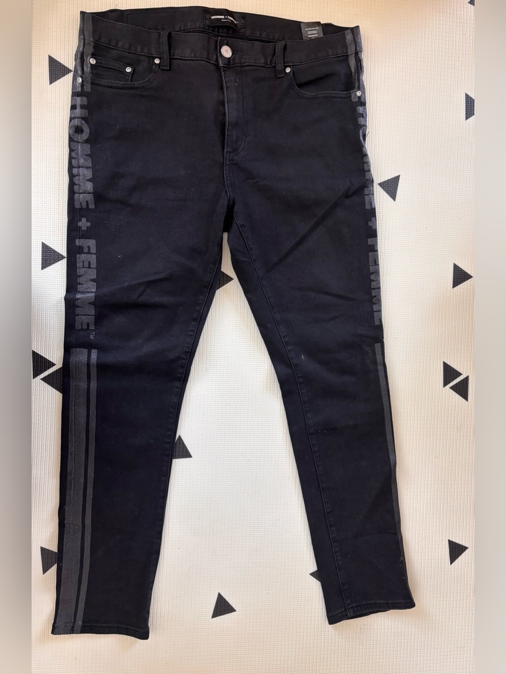 Homme Femme Black Skinny Jeans with Side Text Stripe